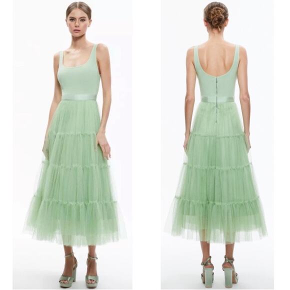 ALICE + OLIVIA Chara Tulle Scoop Neck Pistachio Green Midi Dress Size 8 - Picture 2 of 13